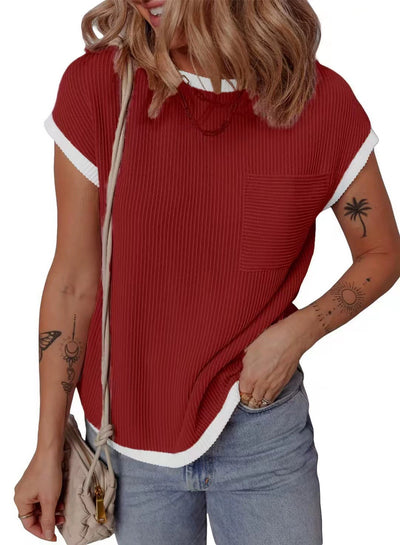 Damen lässiges Kurzarmshirt mit feiner Rippstruktur und praktischer Brusttasche Heidi-Mode