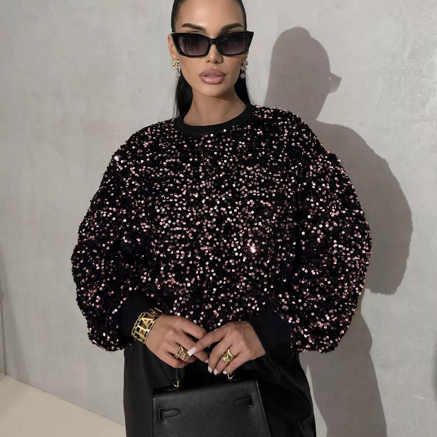Damen Glitzernder Pullover mit oversized Schnitt und funkelndem Strass Heidi-Mode