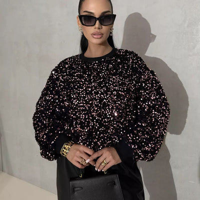 Damen Glitzernder Pullover mit oversized Schnitt und funkelndem Strass Heidi-Mode