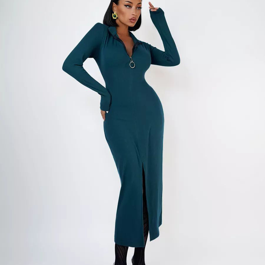 Damen figurbetontes Maxikleid mit tiefem V-Ausschnitt und luxuriösem Zipper-Detail Heidi-Mode