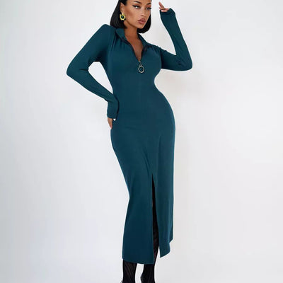 Damen figurbetontes Maxikleid mit tiefem V-Ausschnitt und luxuriösem Zipper-Detail Heidi-Mode