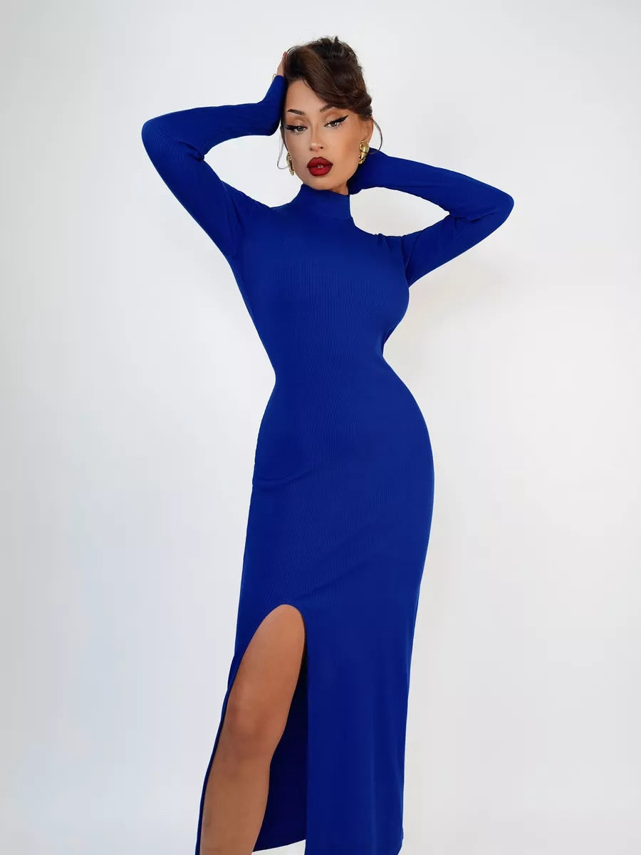 Damen elegantes Strickkleid mit hochgeschlossenem Rollkragen und seitlichem Schlitz Heidi-Mode