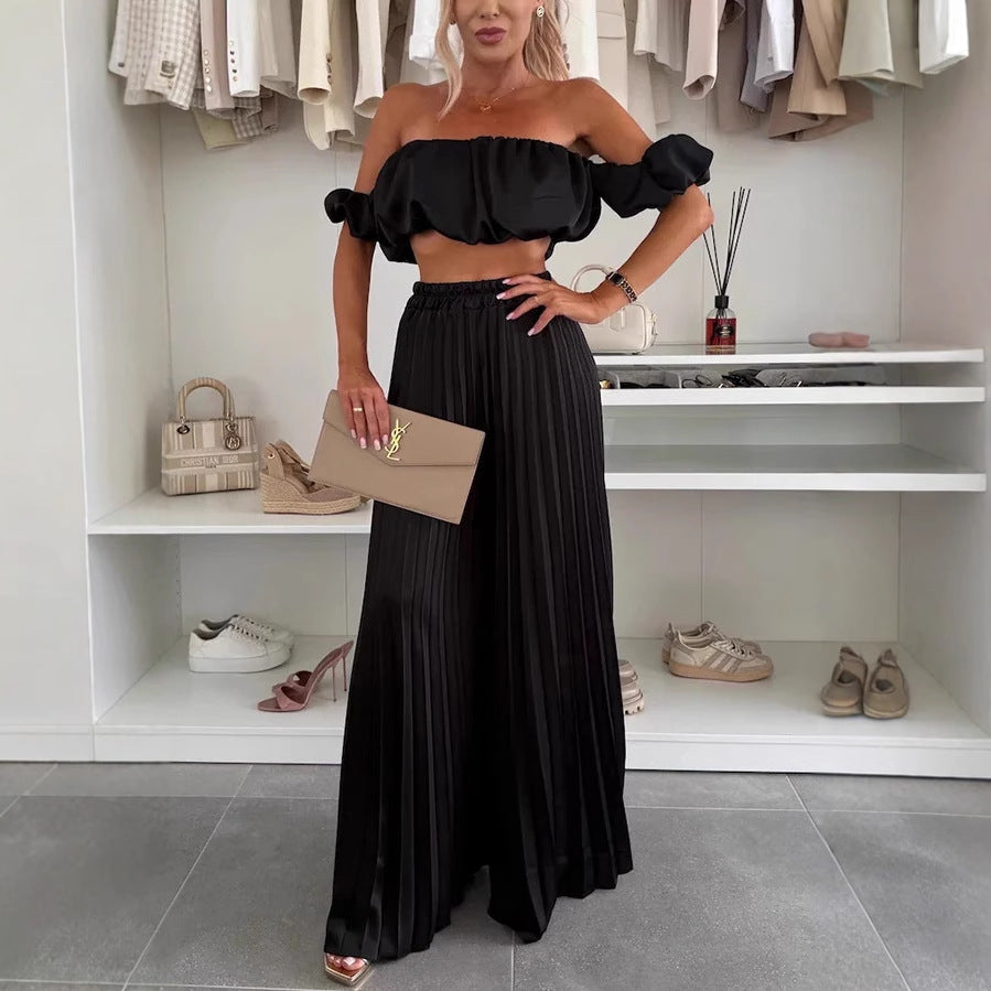 Damen Plissee-Bodenlanger Rock mit elastischem Bund und modischem Crop-Top Heidi-Mode