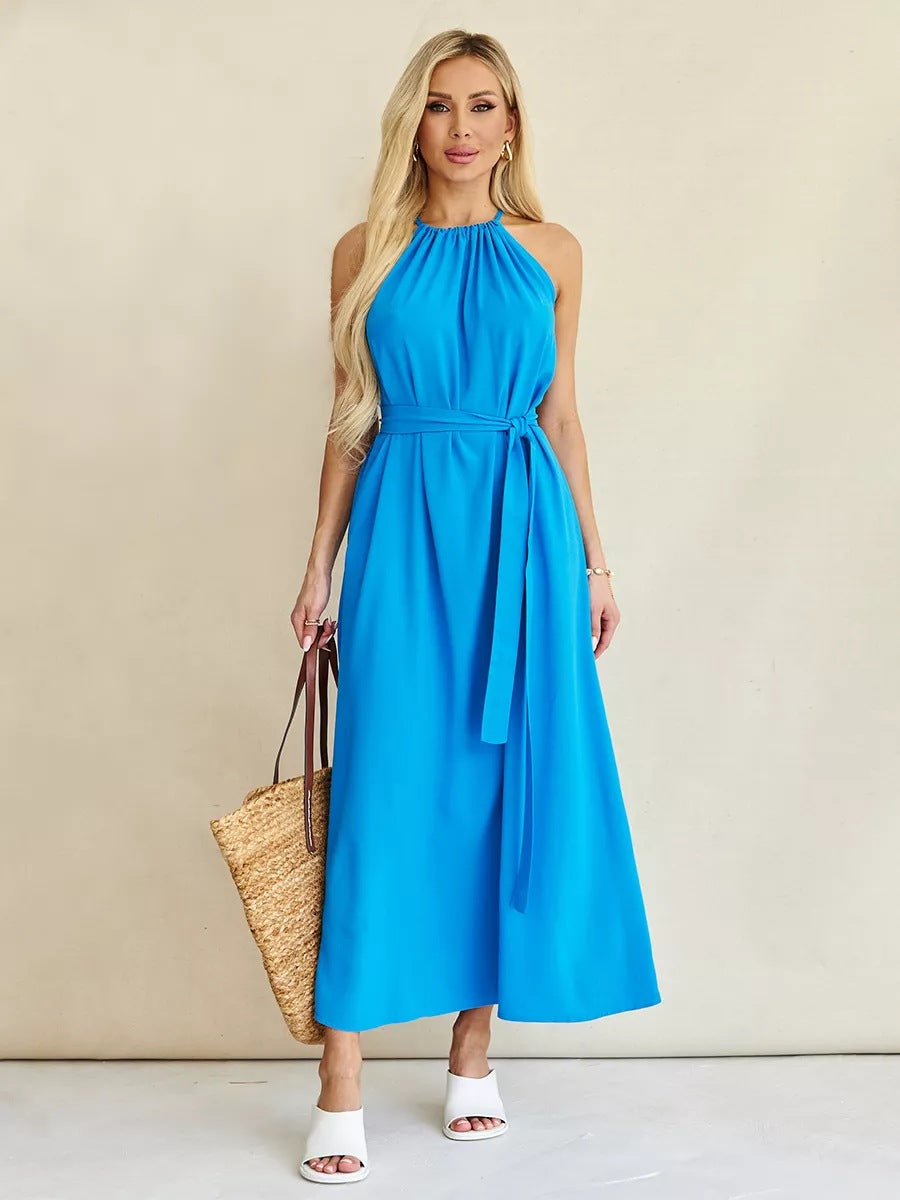 Damen Maxikleid mit gerafftem Ausschnitt und Taillengürtel Heidi-Mode