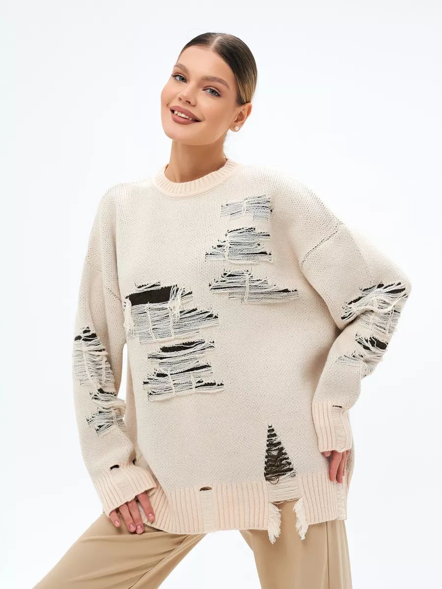 Damen Oversized Strickpullover mit modernem Distressed-Design und lässigen Fransen Heidi-Mode