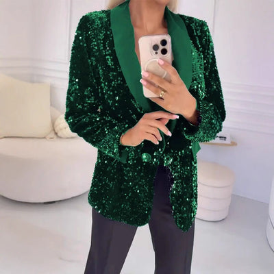Damen eleganter Pailletten Blazer mit schimmerndem Revers Heidi-Mode