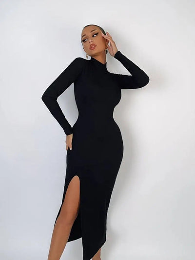 Damen elegantes Strickkleid mit hochgeschlossenem Rollkragen und seitlichem Schlitz Heidi-Mode
