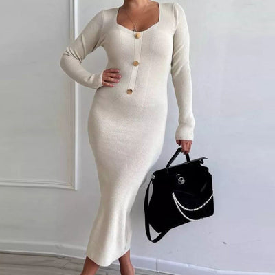 Damen StrickMaxikleid mit tiefem V-Ausschnitt und Knopfdetails Heidi-Mode