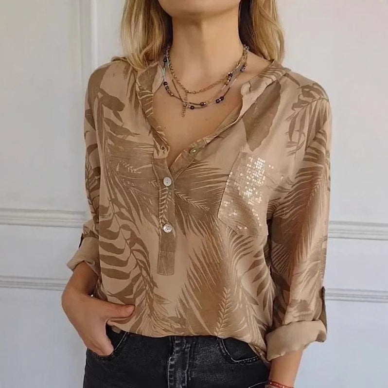 Damen Seidenbluse mit hochwertigem Palmblattmuster und eleganten Knopfdetails Heidi-Mode