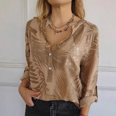 Damen Seidenbluse mit hochwertigem Palmblattmuster und eleganten Knopfdetails Heidi-Mode