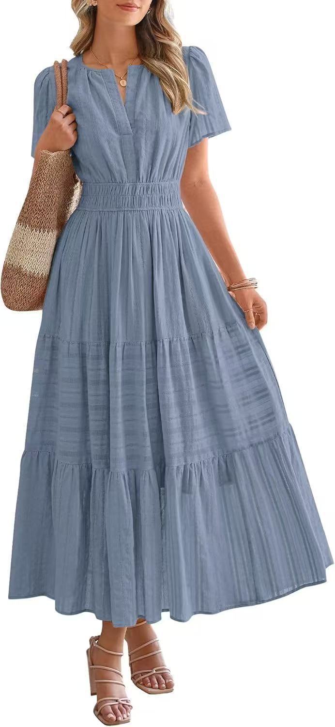 Damen Maxikleid mit elegantem V-Ausschnitt und Rüschendetails Heidi-Mode