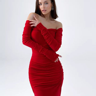 Damen elegantes Etuikleid mit schulterfreiem Design und raffinierten Rüschendetails Heidi-Mode