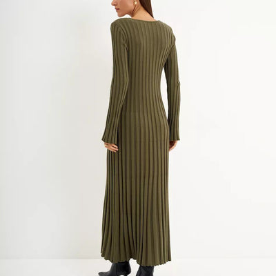 Damen Maximales Strickkleid mit V-Ausschnitt und elegantem Rippmuster Heidi-Mode