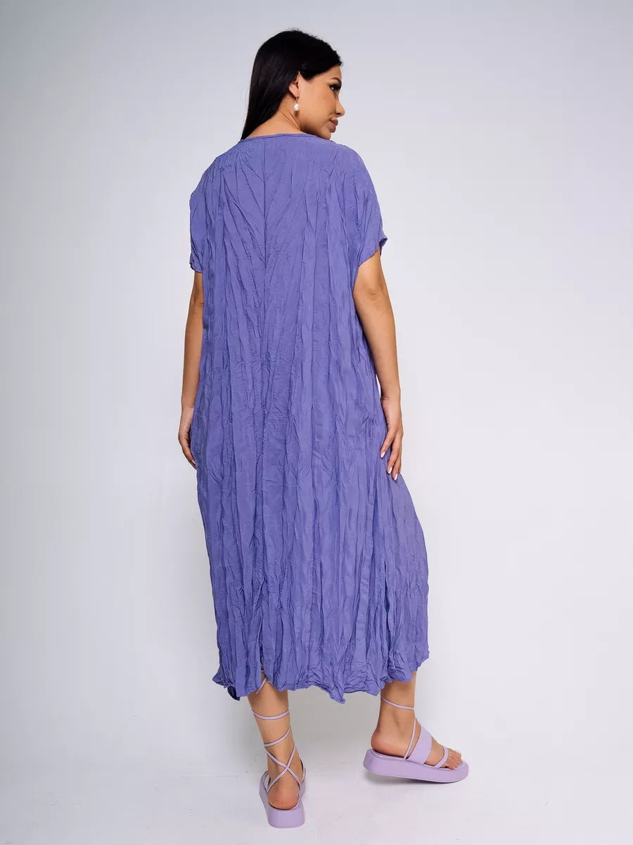 Damen lässiges Midikleid aus leichtem Stoff mit Faltenwurf und kurzem Arm Heidi-Mode