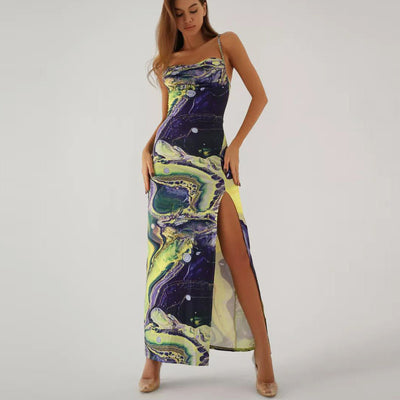 Damen figurbetontes Maxikleid mit seitlichem Schlitz und einzigartigem Marmormuster Heidi-Mode