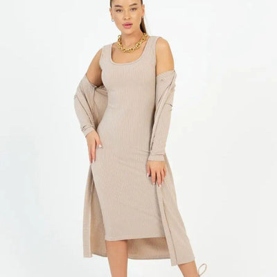Damen gestreiftes Langarmkleid mit passendem Cardigan Heidi-Mode