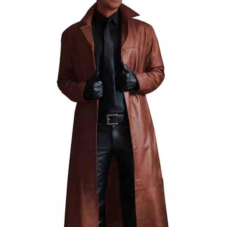 Herren eleganter Kunstledermantel mit doppeltem Knopfverschluss Aliams