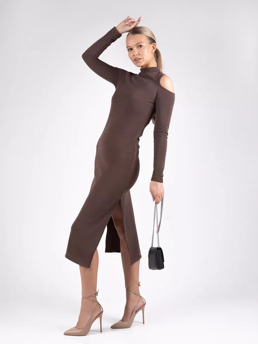 Damen figurbetontes Off-Shoulder-Midikleid mit langem Arm und seitlichem Schlitz Heidi-Mode