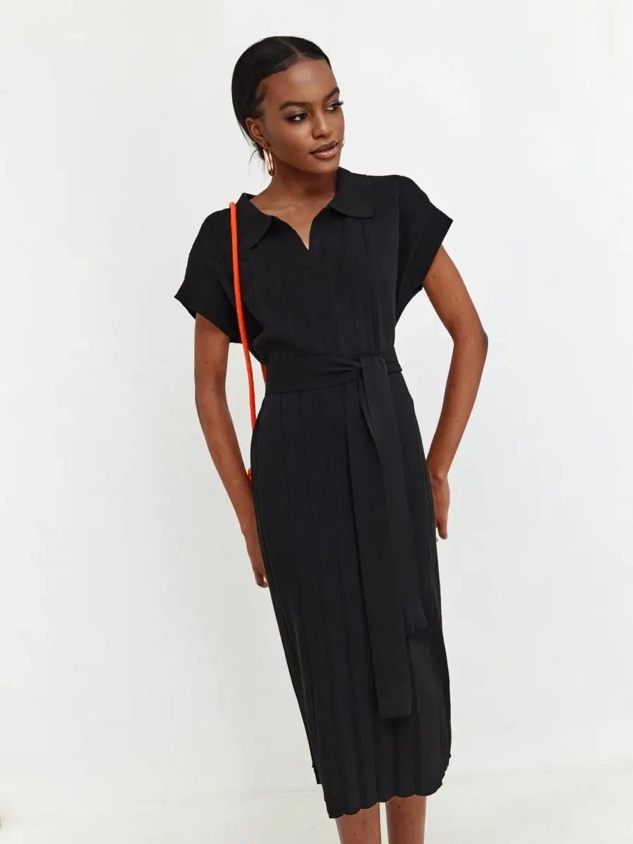 Damen Midi-Kleid mit schickem Kragen und Taillengürtel Heidi-Mode