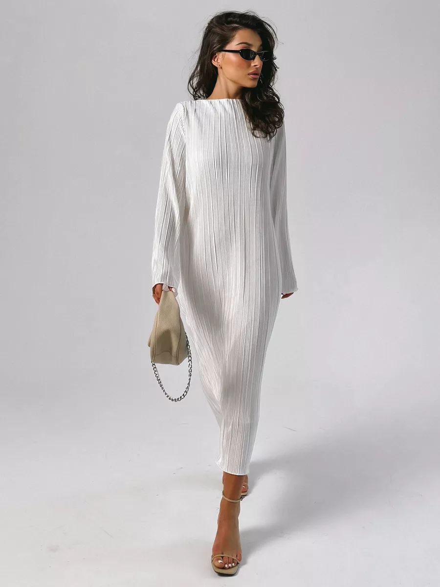 Damen luxuriöses Plisseekleid mit weitem Schlagärmeln und elegantem Schnitt Heidi-Mode