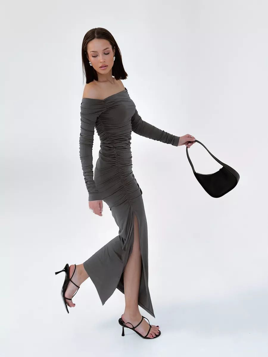 Damen elegantes Etuikleid mit schulterfreiem Design und raffinierten Rüschendetails Heidi-Mode