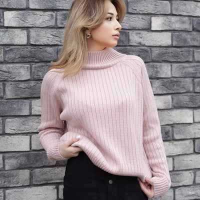Damen kuscheliger Strickpullover mit hohem Kragen und feiner Rippstruktur Heidi-Mode