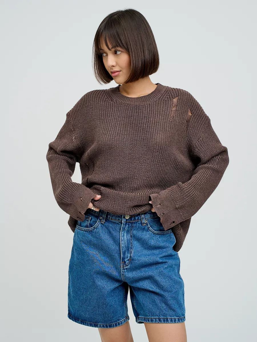 Damen lässiger Strickpullover mit angesagtem Waffelmuster und modischen Cut-Out-Verzierungen Heidi-Mode