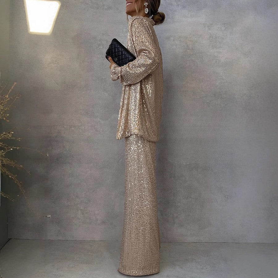 Damen Glitzerndes Lounge-Set mit weitem Schnitt und eleganter, offener Jacke Heidi-Mode