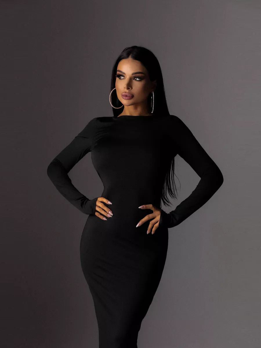 Damen Elegantes Maxikleid mit tiefem Rückenausschnitt und langen Ärmeln Heidi-Mode