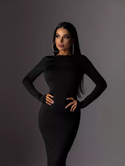 Damen Elegantes Maxikleid mit tiefem Rückenausschnitt und langen Ärmeln Heidi-Mode