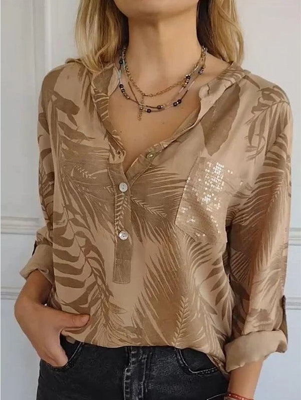 Damen Seidenbluse mit hochwertigem Palmblattmuster und eleganten Knopfdetails Heidi-Mode