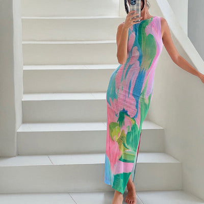 Damen Maxikleid mit buntem Floral Design und hohem Schlitz Heidi-Mode