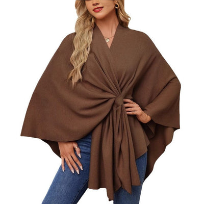 Damen eleganter Strickponcho mit raffinierten Drapierungen und Taillengürtel Heidi-Mode