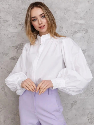 Damen Bluse mit Puffärmeln und hohem Kragen Heidi-Mode