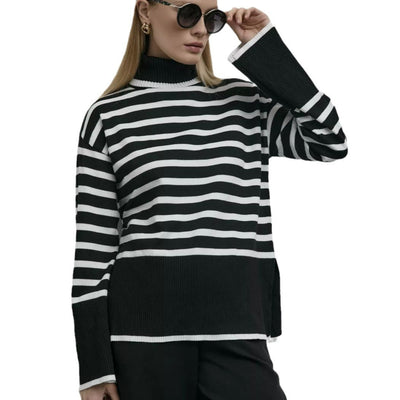 Damen gestreifter Pullover mit Rollkragen und strukturiertem Design Heidi-Mode