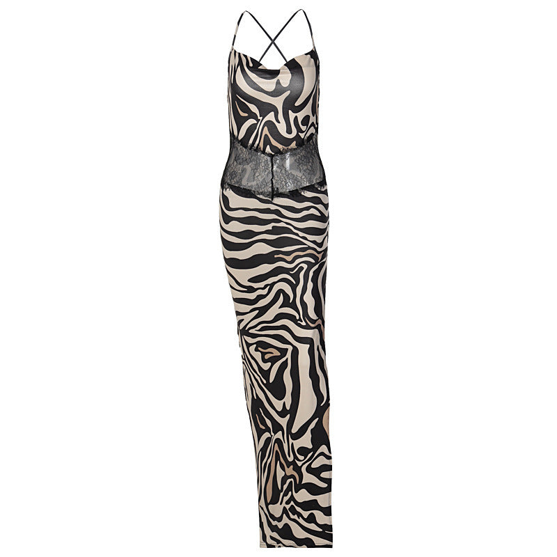 Damen langes Abendkleid mit tiefem Rücken und aufregendem Zebra-Muster Heidi-Mode