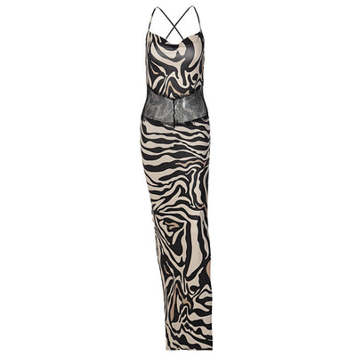 Damen langes Abendkleid mit tiefem Rücken und aufregendem Zebra-Muster Heidi-Mode