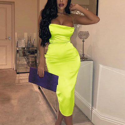 Damen elegantes figurbetontes Satin-Kleid mit schulterfreien Trägern und raffinierter Drapierung Heidi-Mode