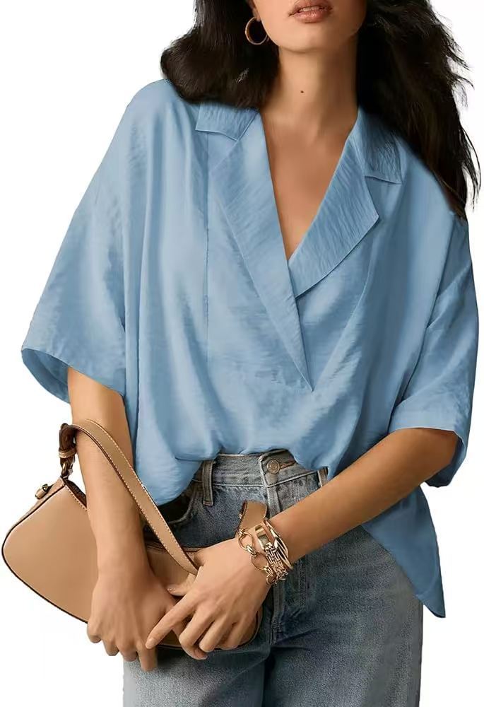 Damen lockeres und stilvolles Blusenoberteil mit V-Ausschnitt und kurzen Ärmeln Heidi-Mode