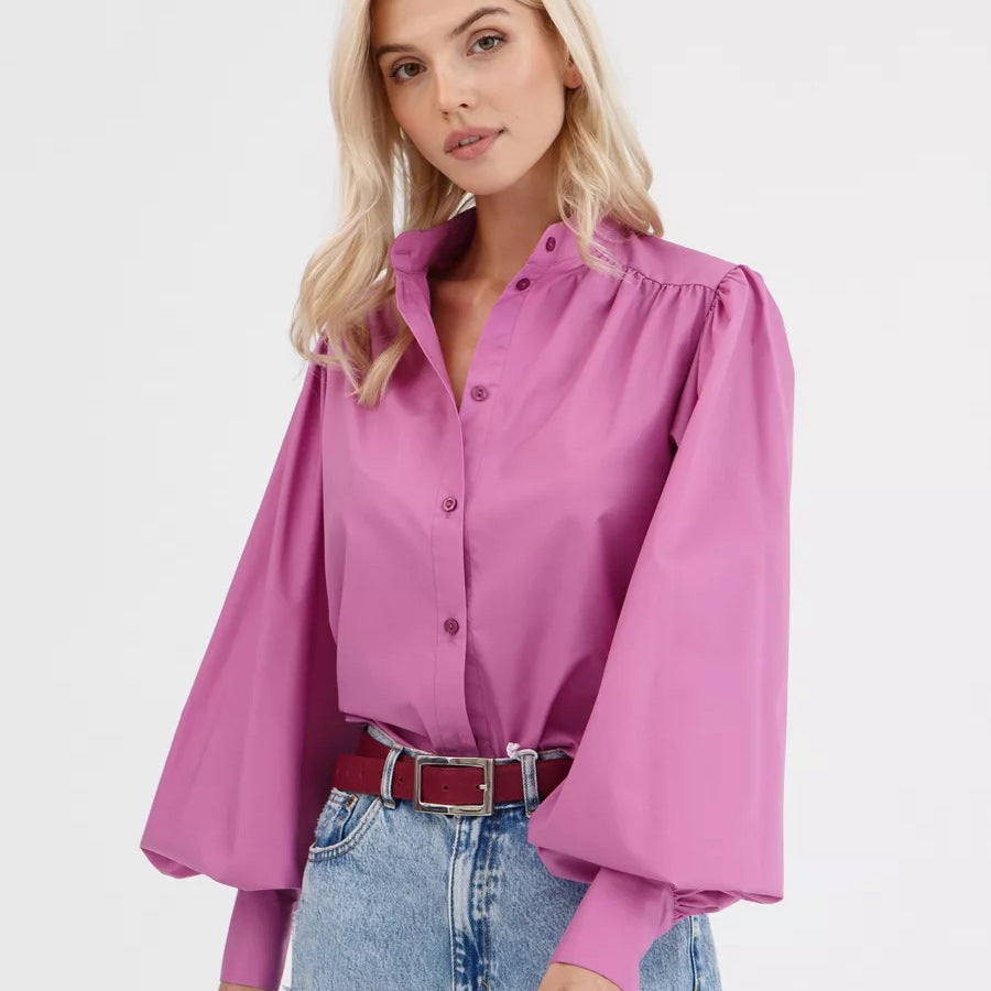 Damen Bluse mit Puffärmeln und hohem Kragen Heidi-Mode