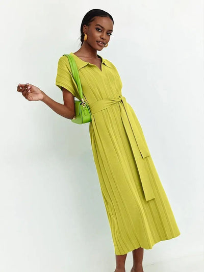 Damen Midi-Kleid mit schickem Kragen und Taillengürtel Heidi-Mode