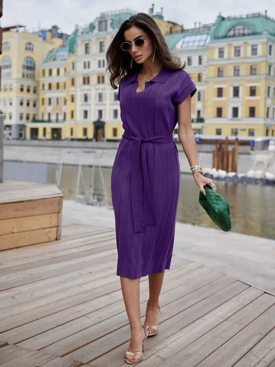 Damen Midi-Kleid mit schickem Kragen und Taillengürtel Heidi-Mode