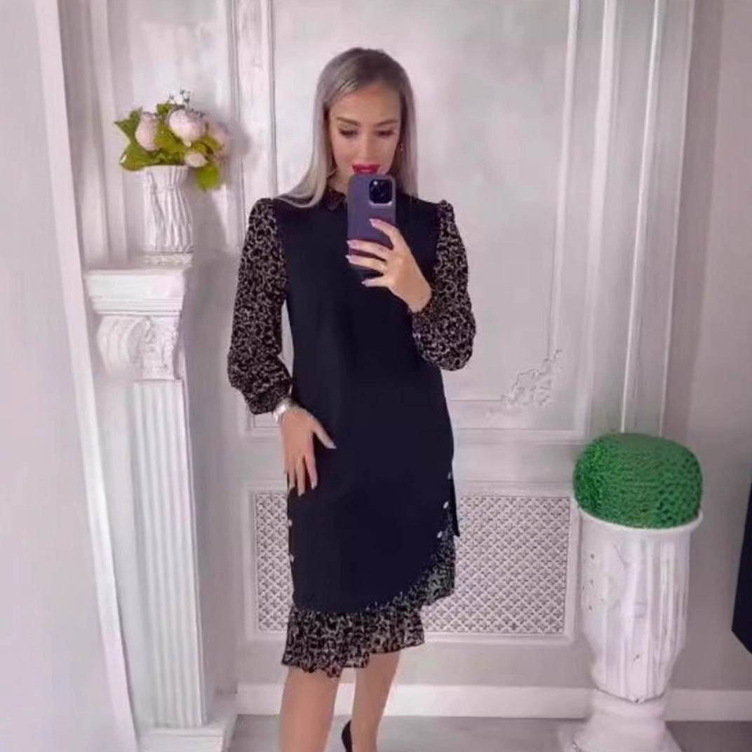 Damen Kleines Schwarzes Kleid mit Tiermuster und Rüschensaum Heidi-Mode