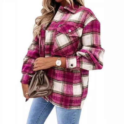 Damen Blockkariertes Overshirt mit zwei Brusttaschen und Druckknopfverschluss Heidi-Mode