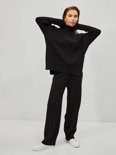 Damen lässiger Strickanzug mit hochgeschlossenem Kragen und elegantem Rippenmuster Heidi-Mode