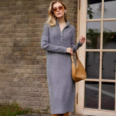Damen Strickdress mit hochschließendem Kragen und Reißverschluss Heidi-Mode