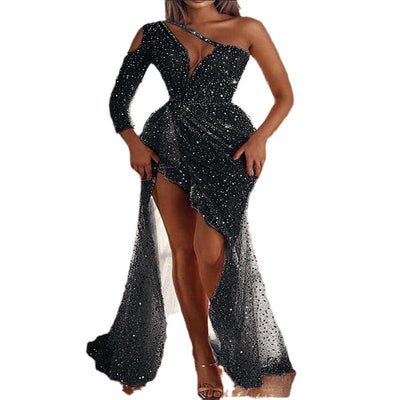 Damen Glamouröses Abendkleid mit tiefem V-Ausschnitt, asymmetrischem Schnitt und funkelnden Strasssteinen Heidi-Mode