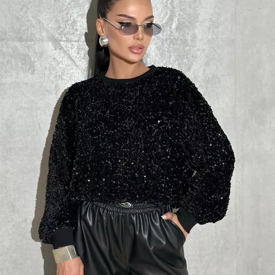 Damen Glitzernder Pullover mit oversized Schnitt und funkelndem Strass Heidi-Mode