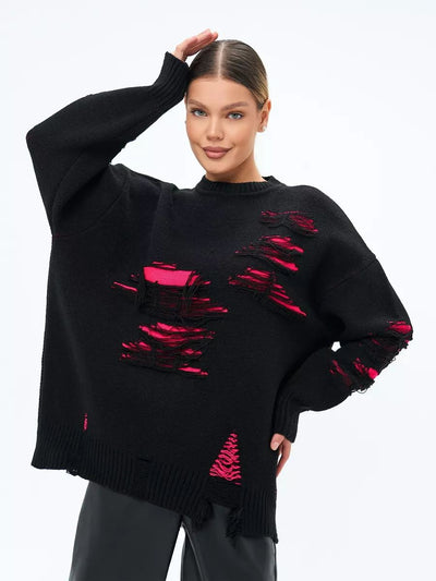 Damen Oversized Strickpullover mit modernem Distressed-Design und lässigen Fransen Heidi-Mode