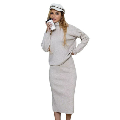 Damen Set aus Pullover und Rock mit hohem Kragen und eleganten Seitenschlitzen Heidi-Mode